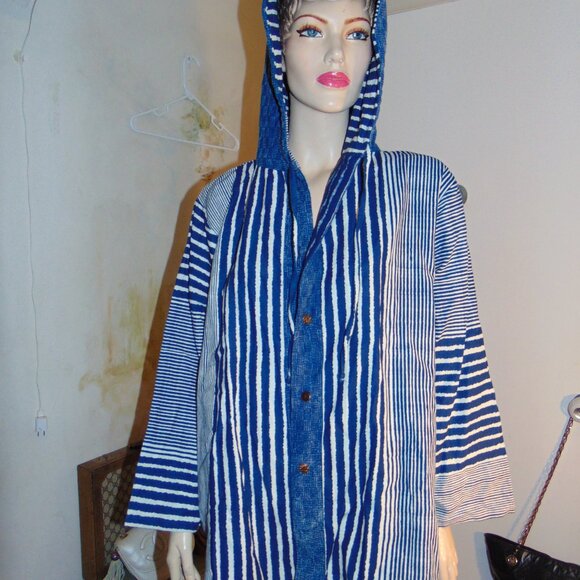 Linen Button Front Hooded Lightweight Jacket Shacket Blue Lagen Look Coastal 1X - Picture 2 of 9